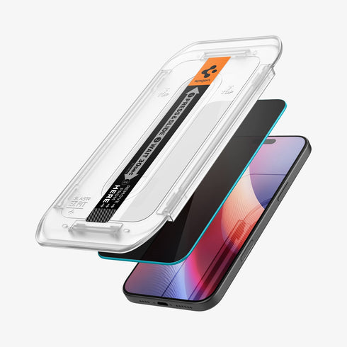 מגן מסך לסדרת iPhone 16 מבית Spigen GLAS.tR EZ Fit Privacy